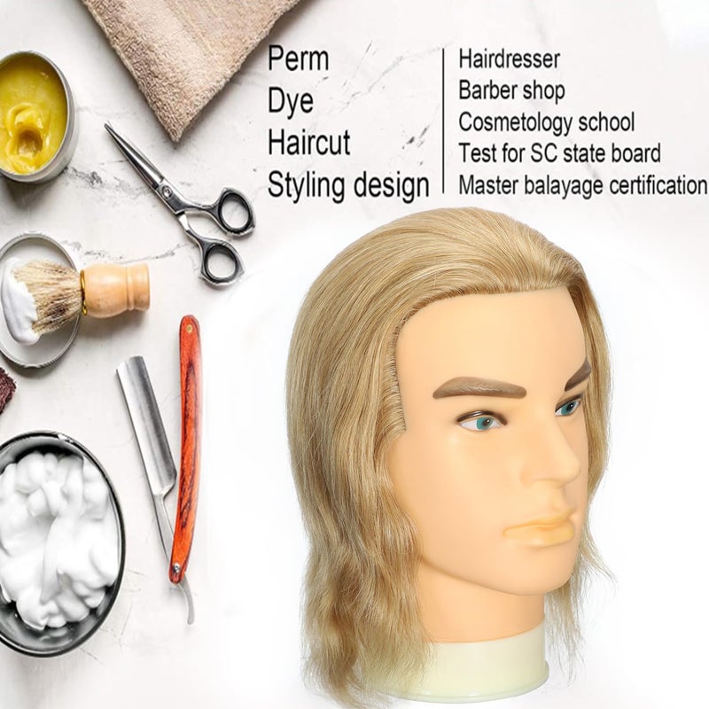 simnient Professional Male Mannequin Head, 14 Inch Blonde 100% Human Hair for Barber Hairdresser Practice Cutting & Styling, Cosmetology Training Head with Natural Straight Hair - Image 3